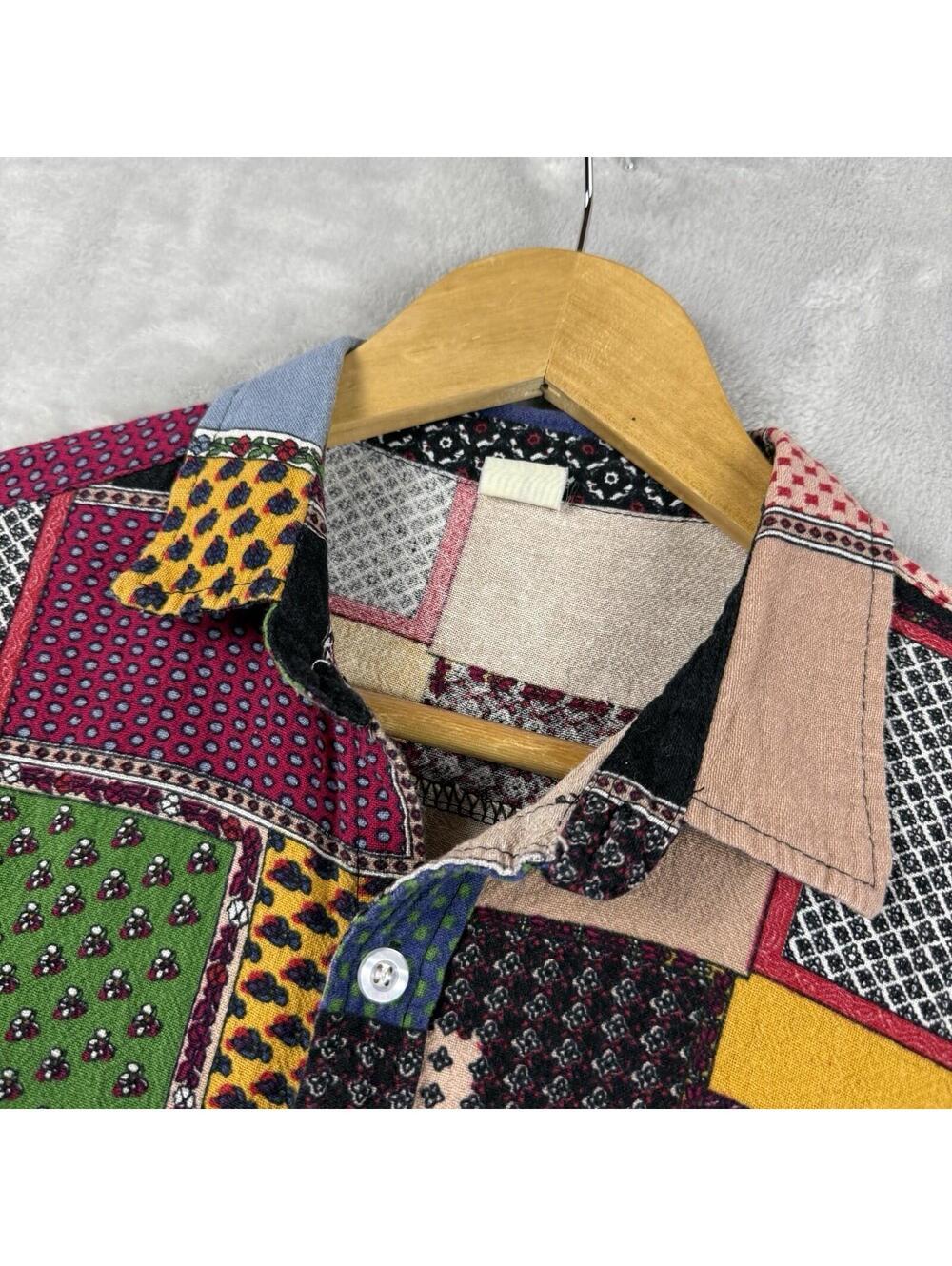 Vintage Patchwork Abstract Casual Button Up Shirt Colorblock Festival Top Size M - Picture 3 of 8
